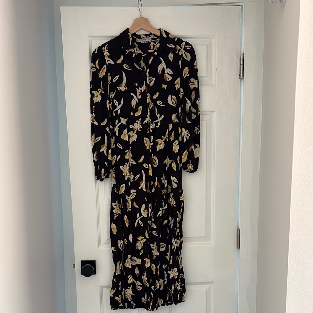 Mango Black and Cream Long Sleeve Bishop Collar Dress